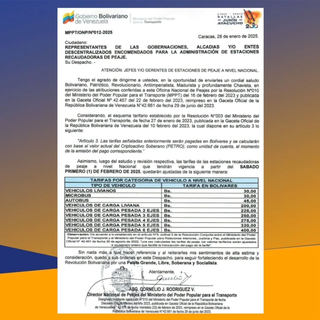 ¡ATENCIÓN! NUEVAS TARIFAS EN LOS PEAJES A PARTIR DEL 1° DE FEBRERO DE 2025